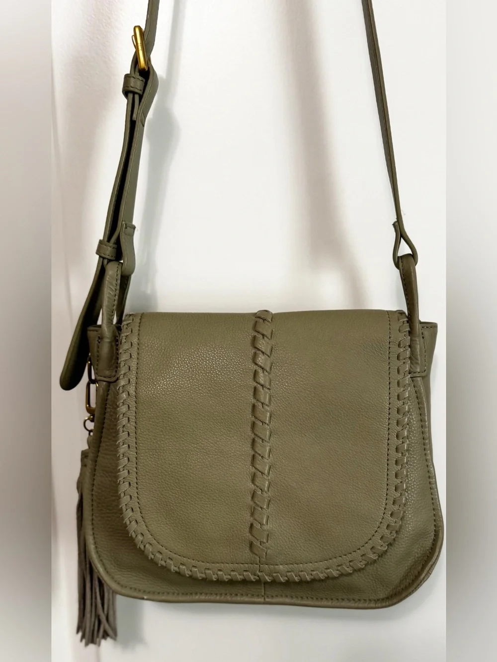 HOBO Brio Olive Leather Whipstitched Tassel Crossbody Bag